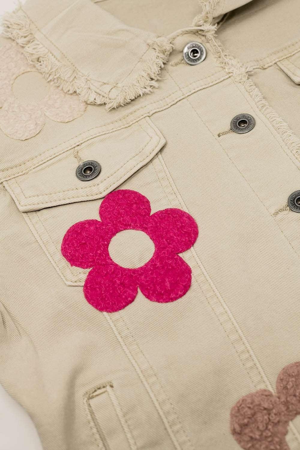 Beige Denim Jacket With Embroided Flowers Q2 Coats and Jackets BoutiqueLua