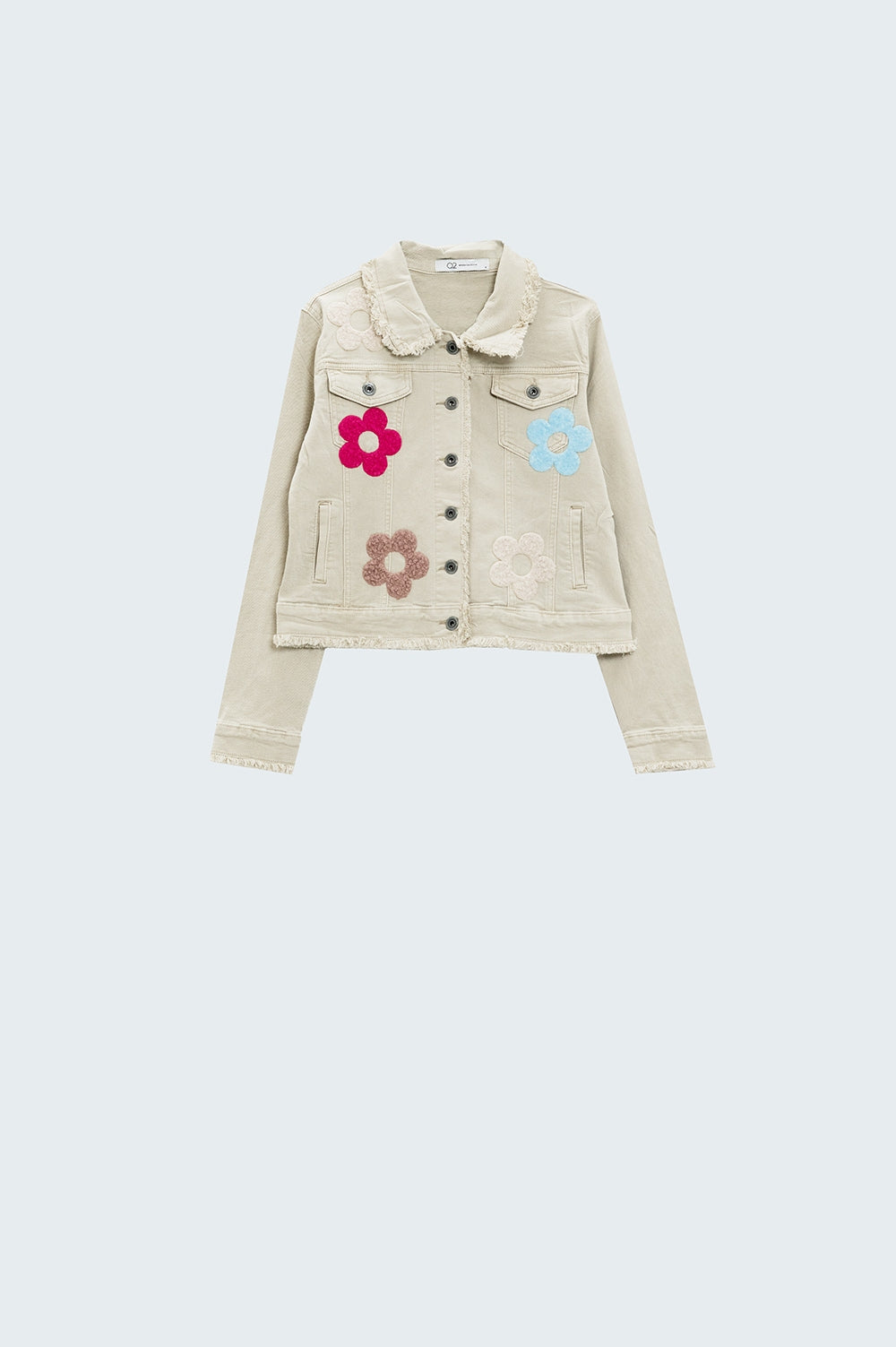 Beige Denim Jacket With Embroided Flowers Q2 Coats and Jackets BoutiqueLua