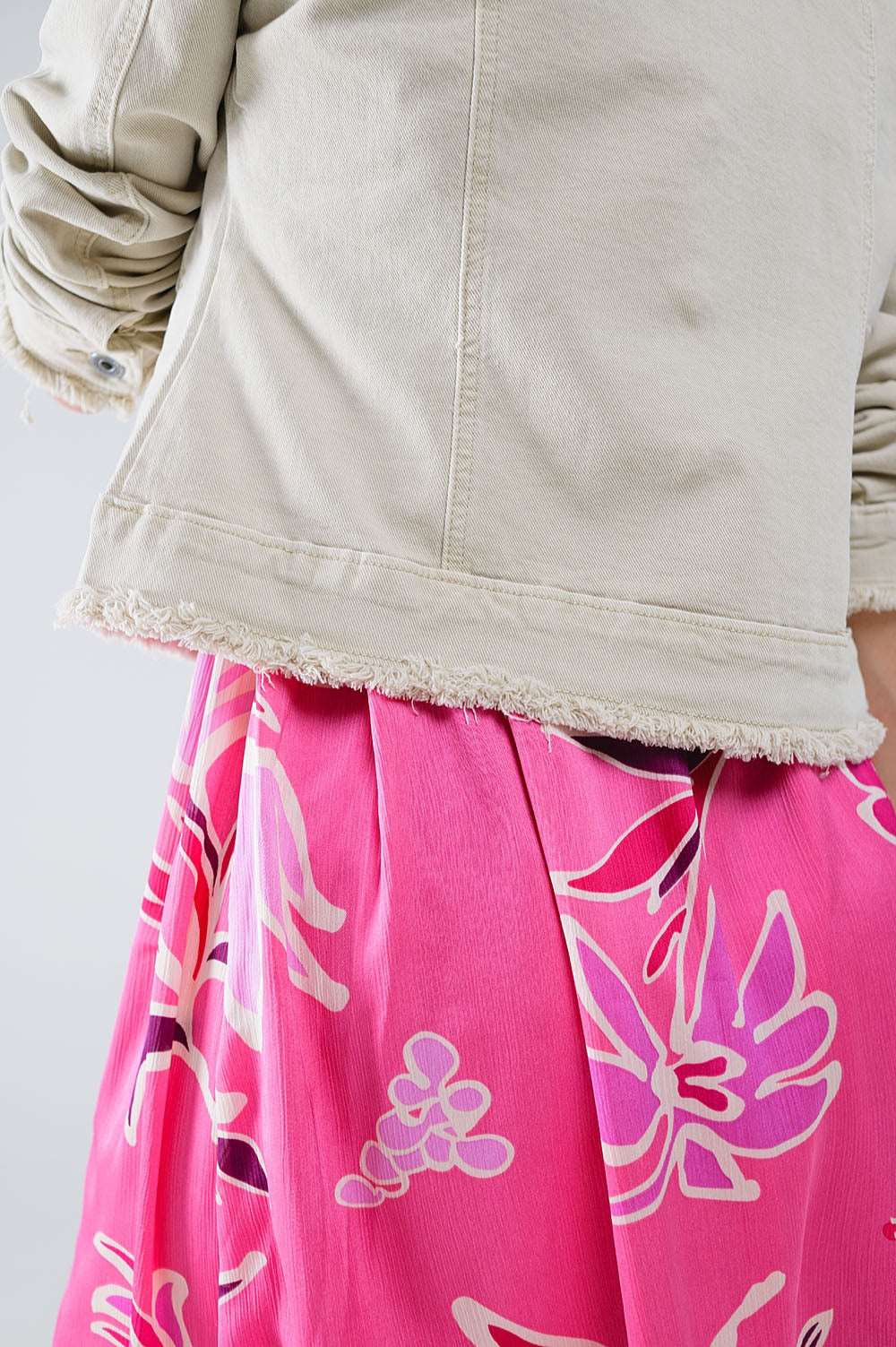 Beige Denim Jacket With Embroided Flowers Q2 Coats and Jackets BoutiqueLua