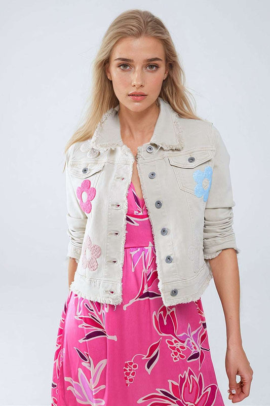 Beige Denim Jacket With Embroided Flowers Q2 Coats and Jackets BoutiqueLua