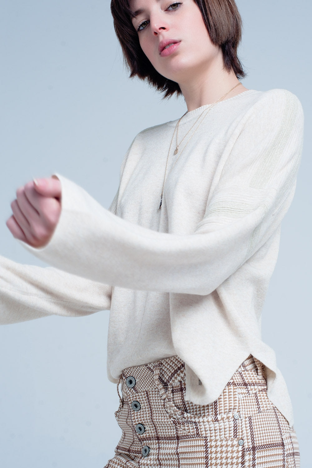 Beige Fine Knitted Sweater with Glitter Details Q2 Sweaters BoutiqueLua