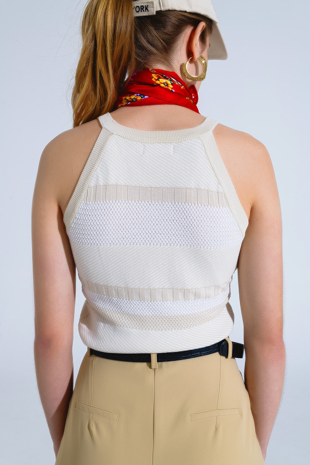 Beige Halter Tank top With Stripe Design In Different Knits Q2 Sweaters BoutiqueLua