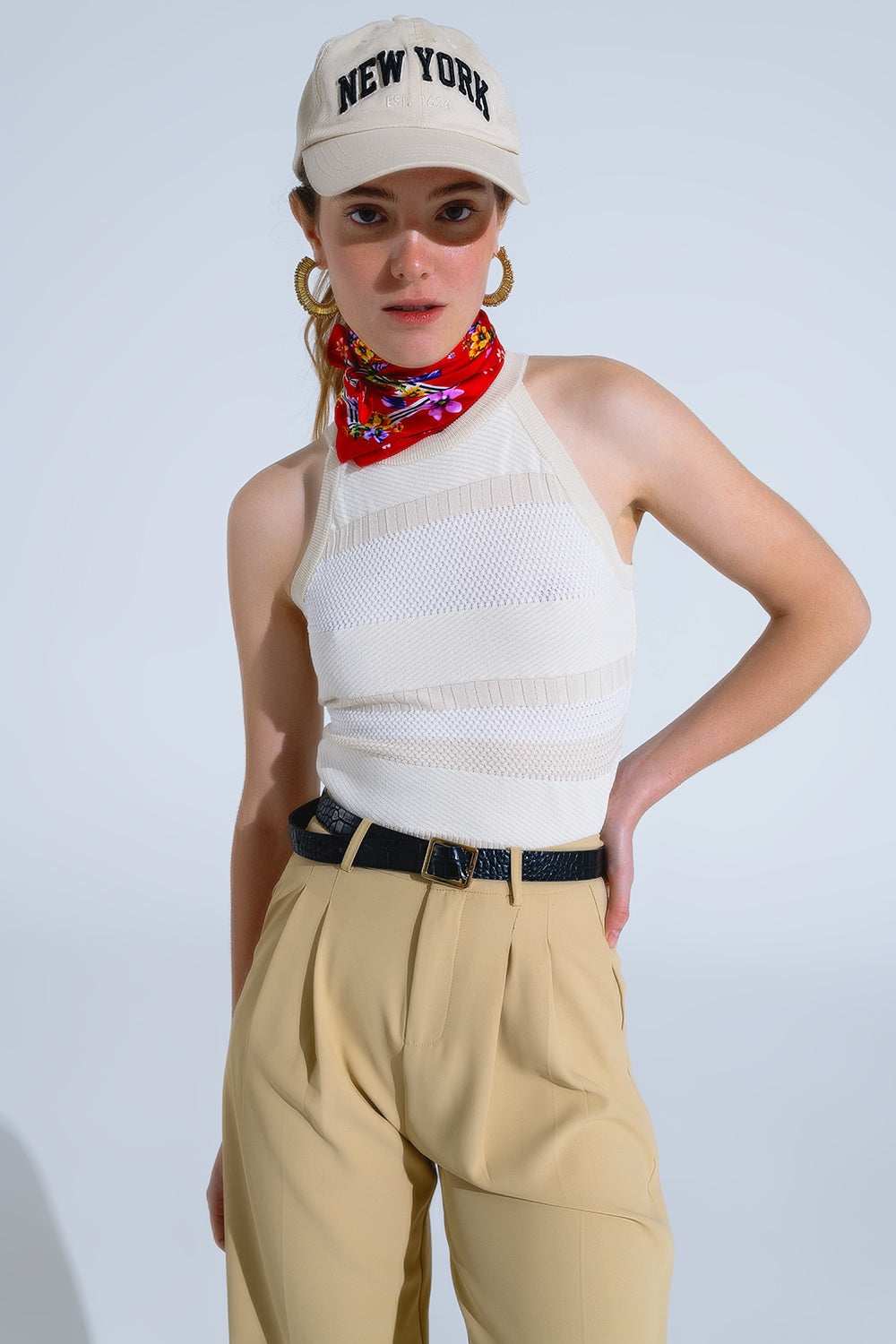 Beige Halter Tank top With Stripe Design In Different Knits Q2 Sweaters BoutiqueLua