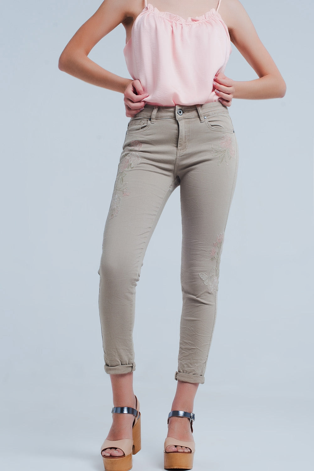 Q2 Beige jeans with Floral Embroidery