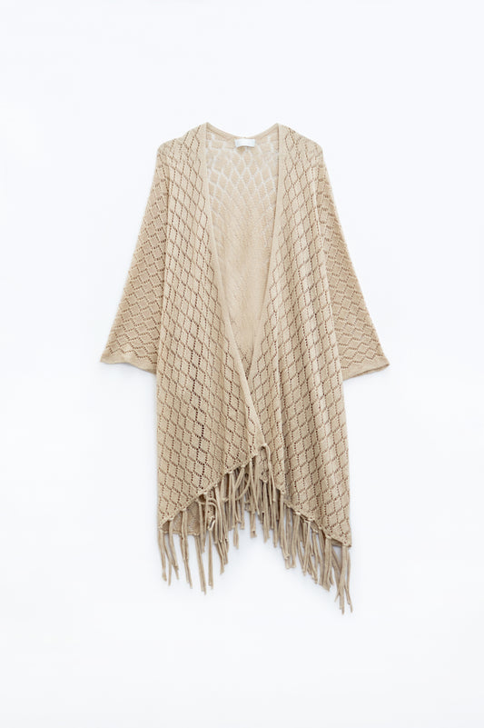 Q2 Beige Open Cardigan With Fringe Ends and 3/4 sleeves