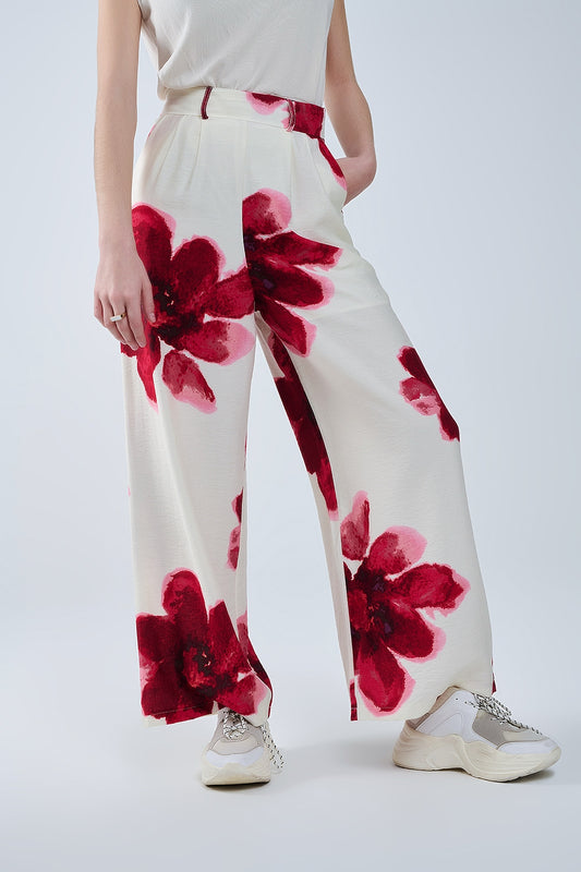 Q2 Beige Palazzo Pants With Red Tropial Flower Print and Matching Belt