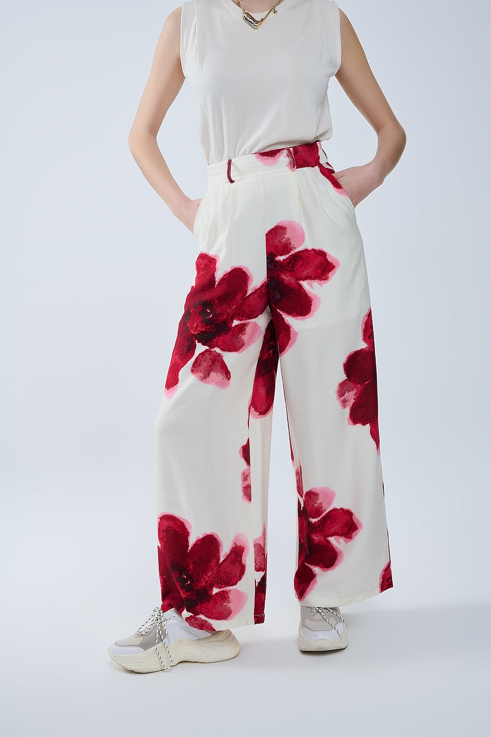 Beige Palazzo Pants With Red Tropial Flower Print and Matching Belt