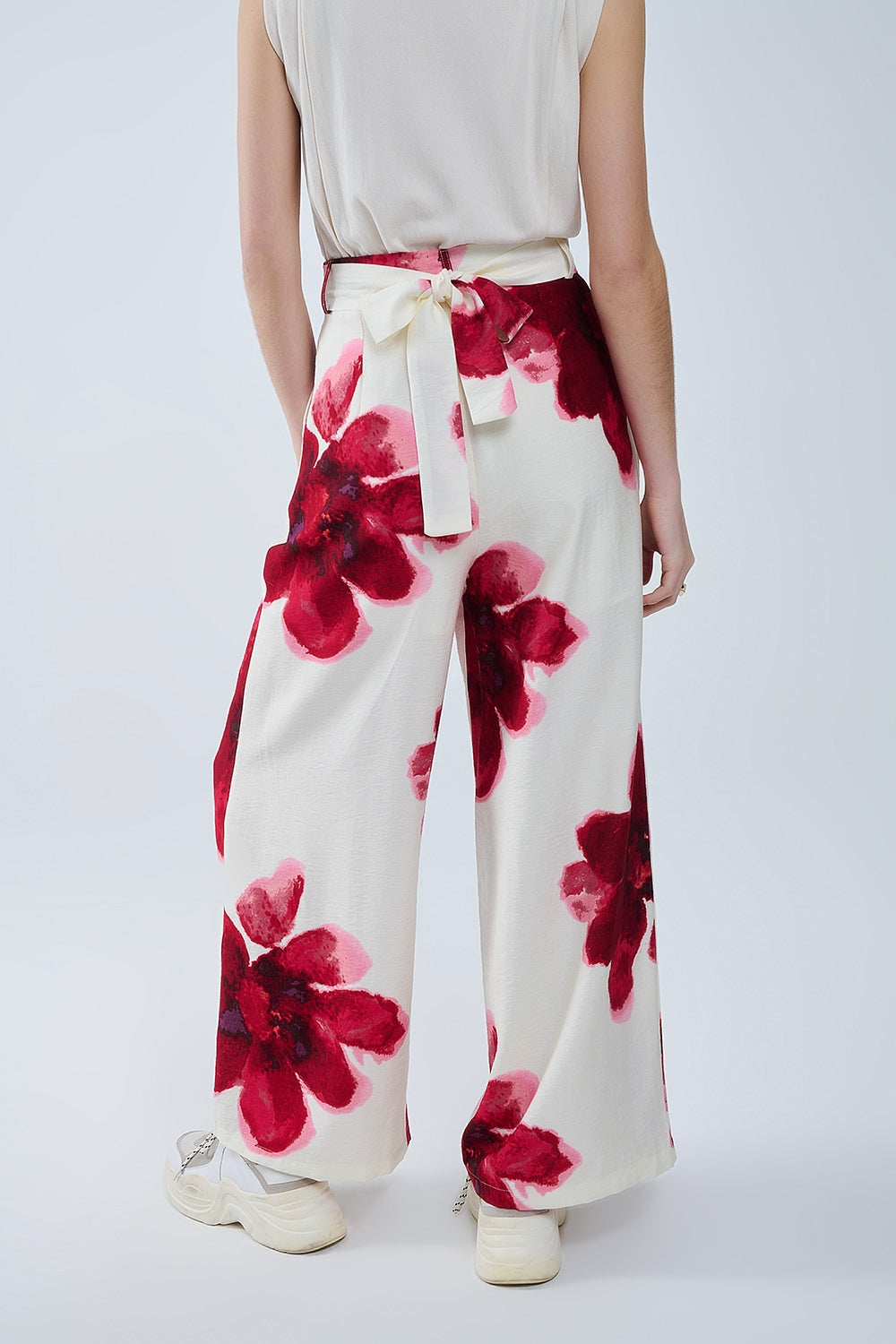 Beige Palazzo Pants With Red Tropial Flower Print and Matching Belt