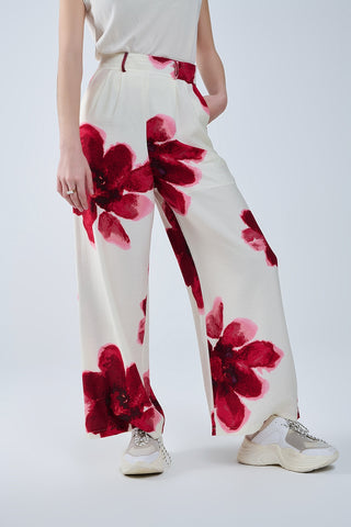 Beige Palazzo Pants With Red Tropial Flower Print and Matching Belt