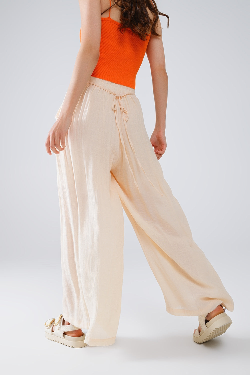 Beige Palazzo style Pants With Side Pockets And Thick Waist Band Q2 Pants BoutiqueLua