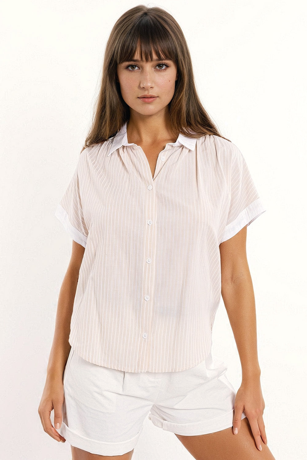 Q2 Beige shirt with short sleeves and vertical stripes