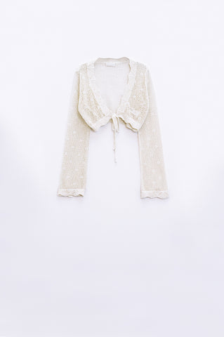 beige short crochet cardigan with lurex detail