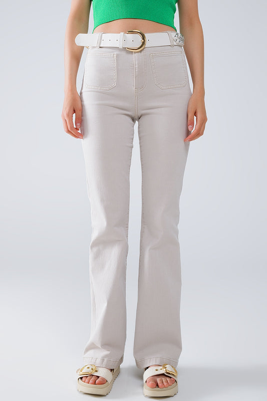 Q2 bEIGE Skinny Flared Jeans With Front Pocket Detail