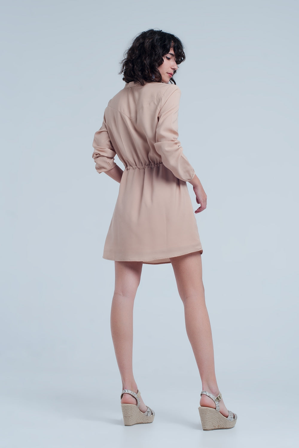 Beige tie waist shirt mini dress Q2 Dresses BoutiqueLua