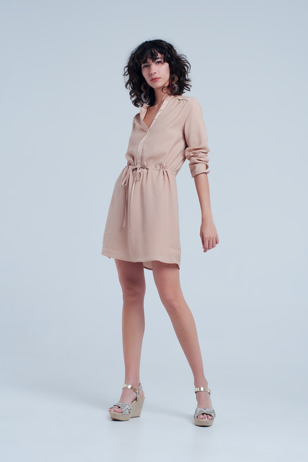 Beige tie waist shirt mini dress Q2 Dresses BoutiqueLua