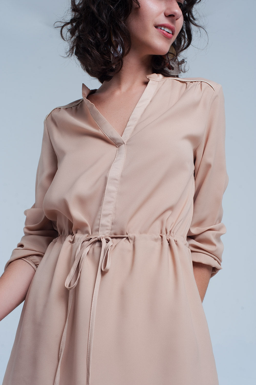 Beige tie waist shirt mini dress Q2 Dresses BoutiqueLua