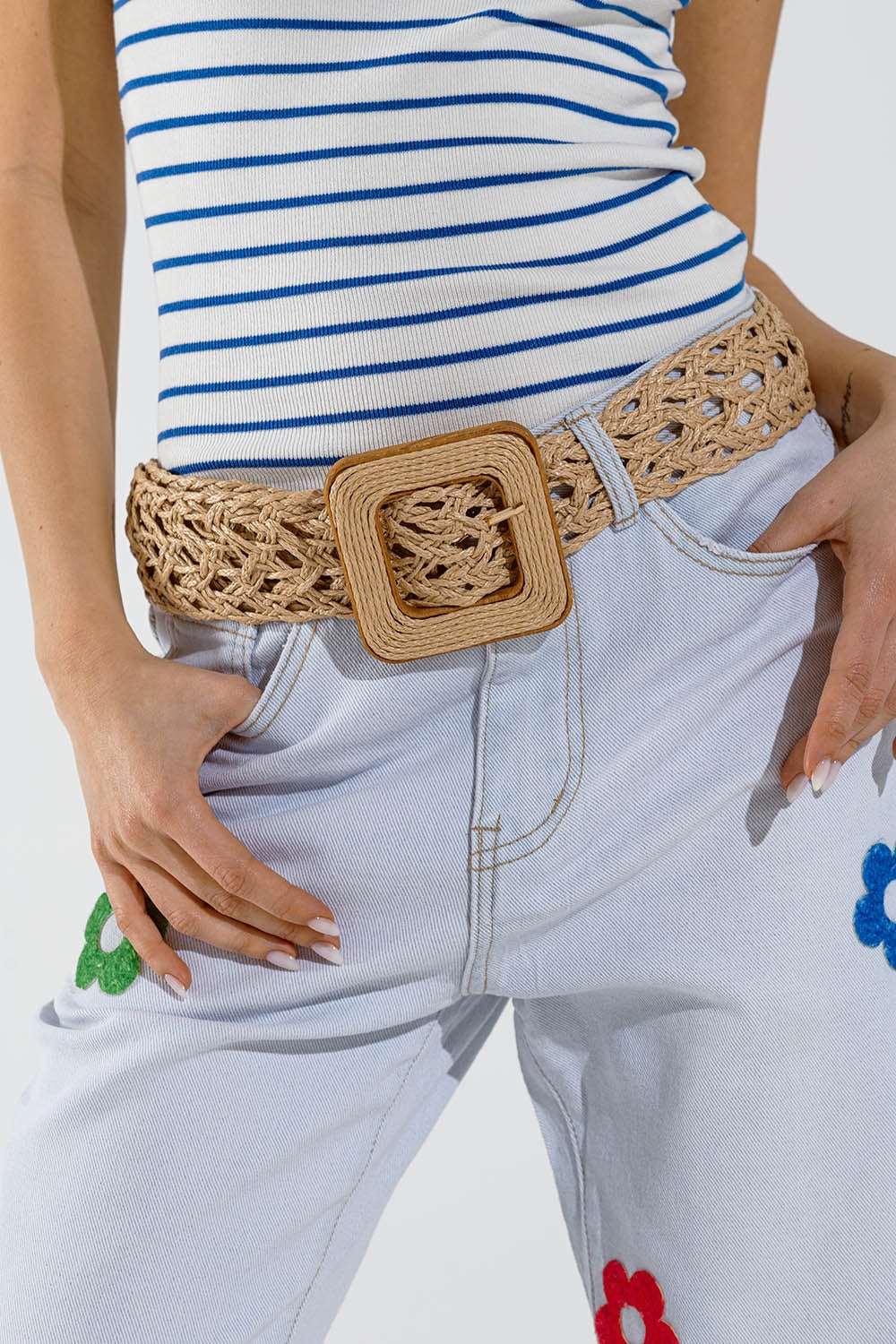 Beige woven belt with big square buckle with brown border Q2 Accesory BoutiqueLua