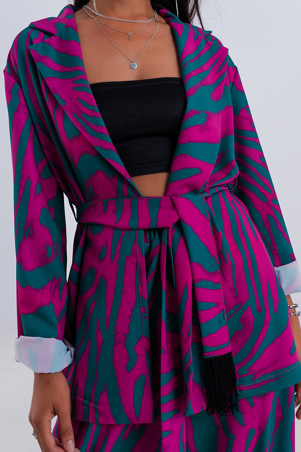 Belted blazer in green animal print Q2 Coats and Jackets BoutiqueLua