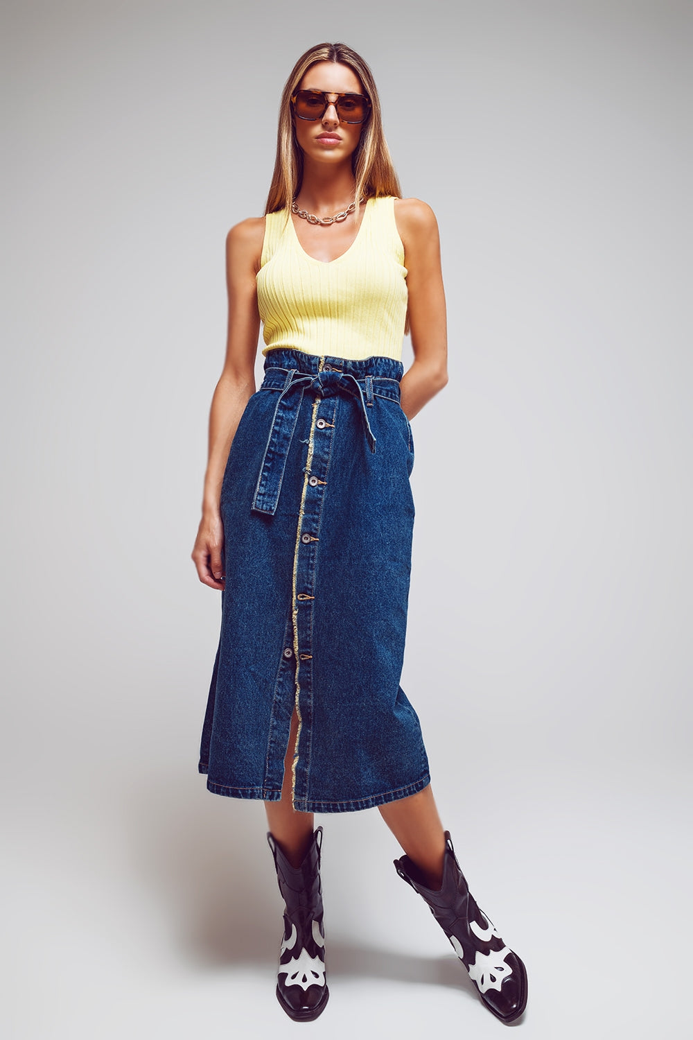 belted buttoned denim maxi skirt Q2 Skirts BoutiqueLua