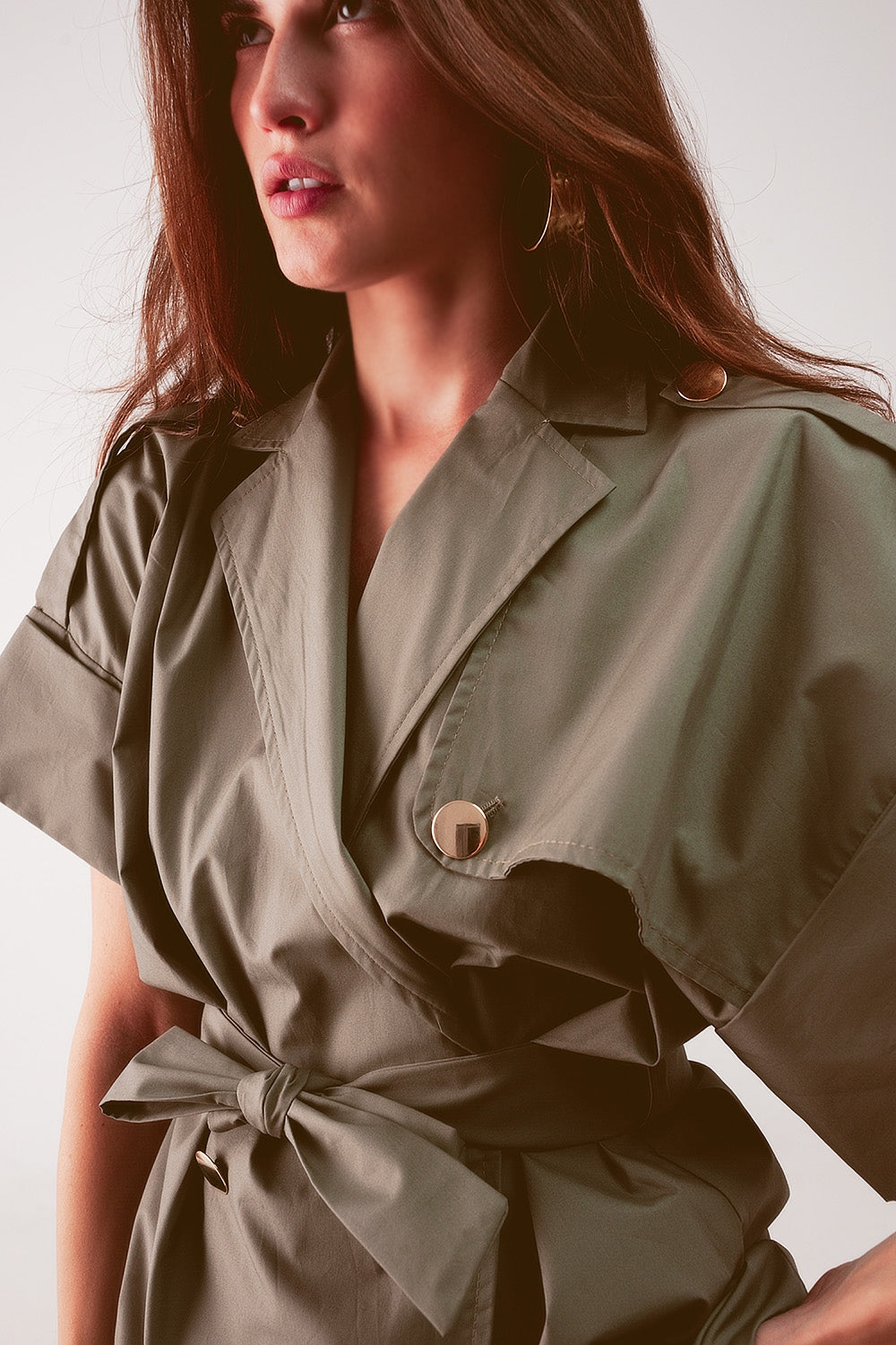 Belted jacket with drop shoulder in khaki Q2 Coats and Jackets BoutiqueLua