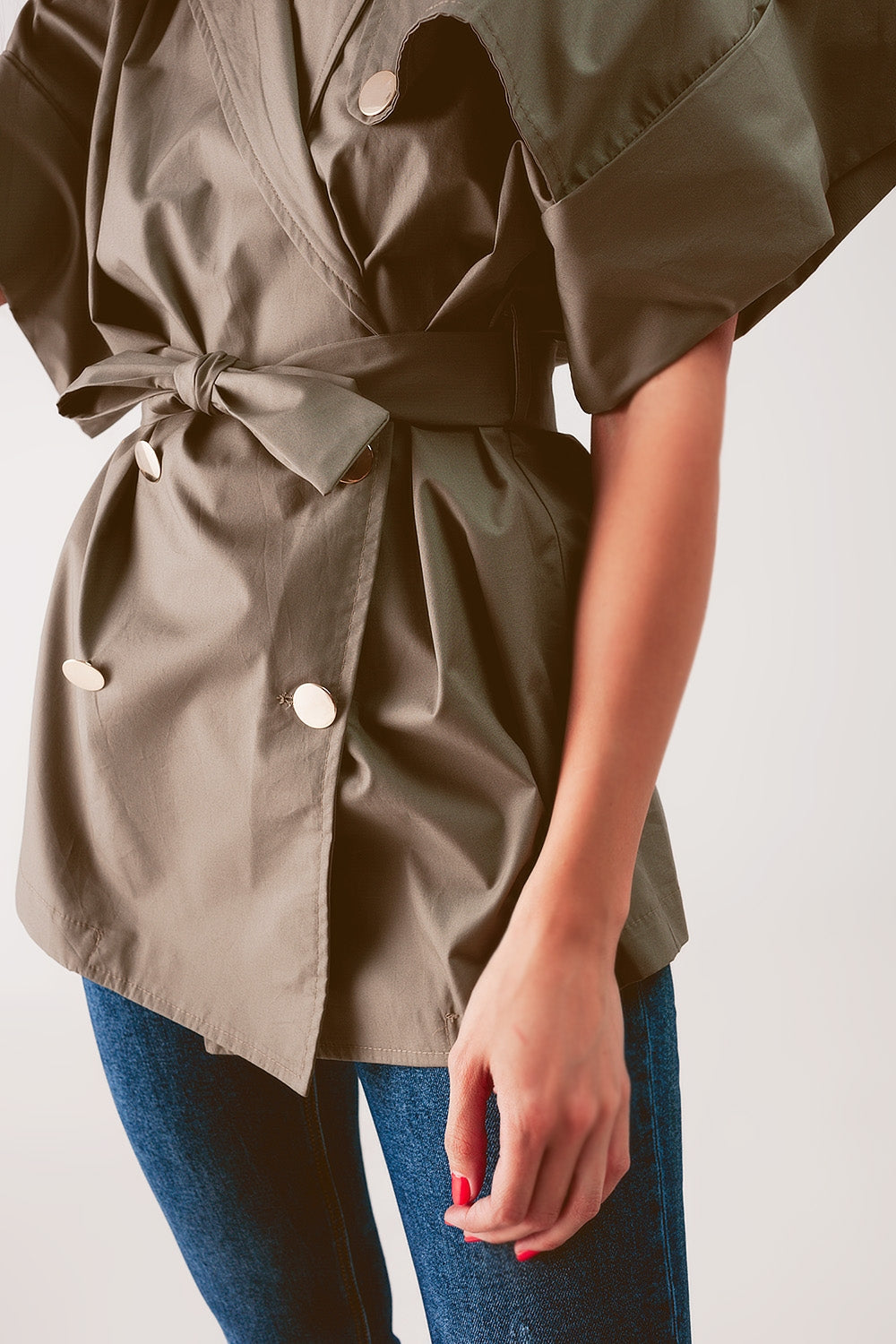 Belted jacket with drop shoulder in khaki Q2 Coats and Jackets BoutiqueLua