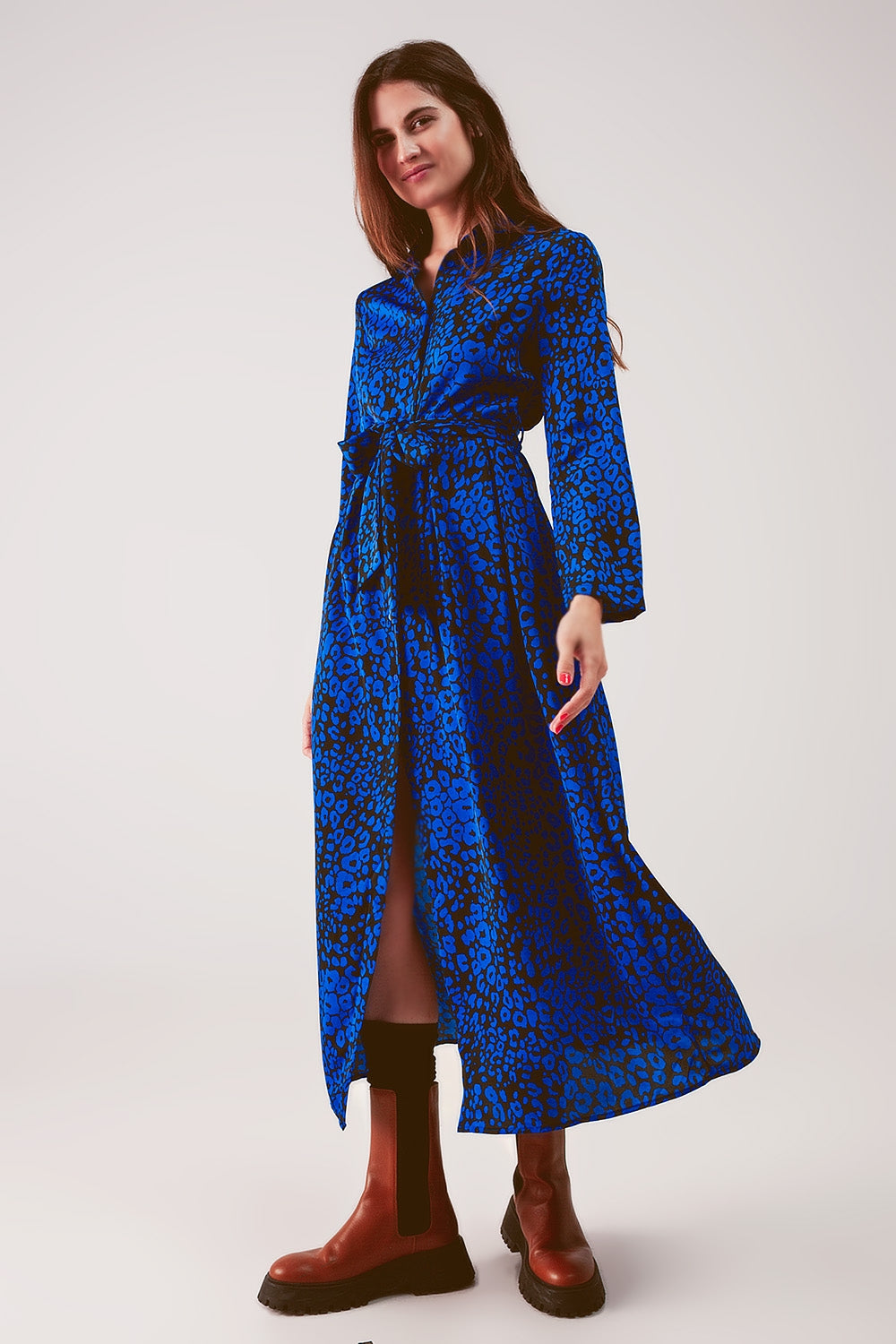 Belted maxi shirt dress in blue animal print Q2 Dresses BoutiqueLua