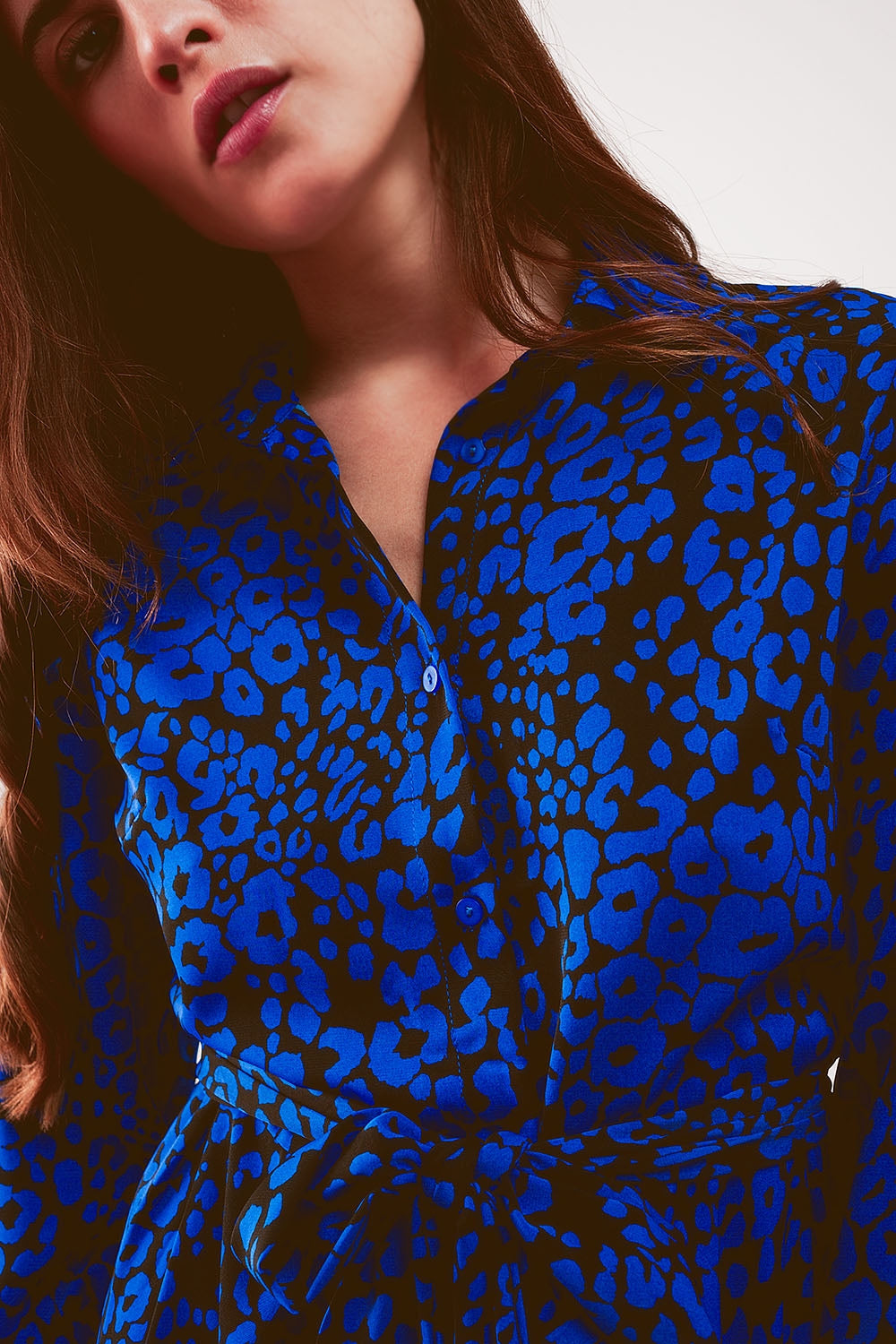 Belted maxi shirt dress in blue animal print Q2 Dresses BoutiqueLua