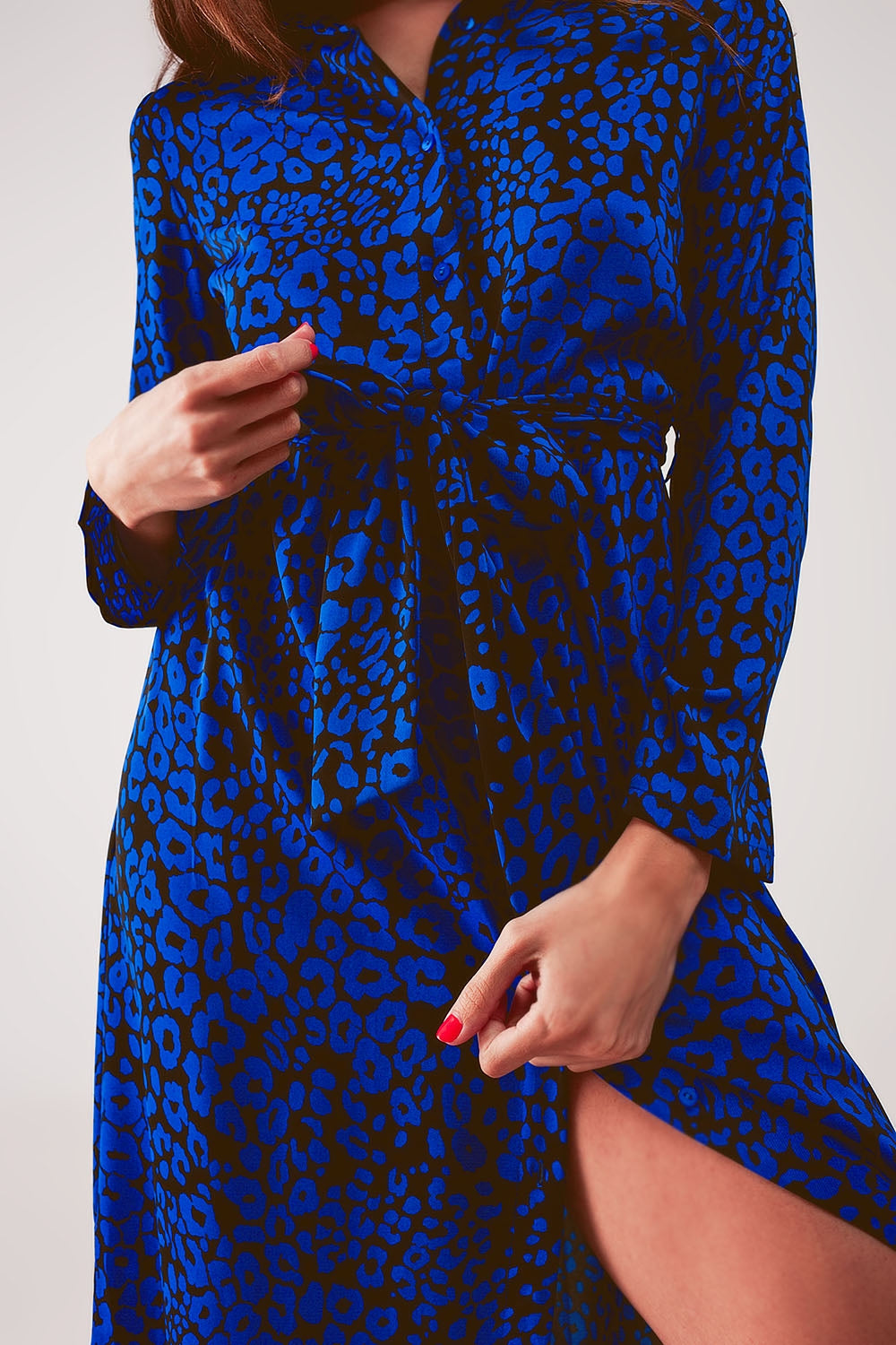 Belted maxi shirt dress in blue animal print Q2 Dresses BoutiqueLua