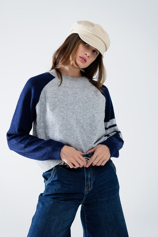 Q2 Bi-Color Raglan Sleeve pullover in Navy and Grey