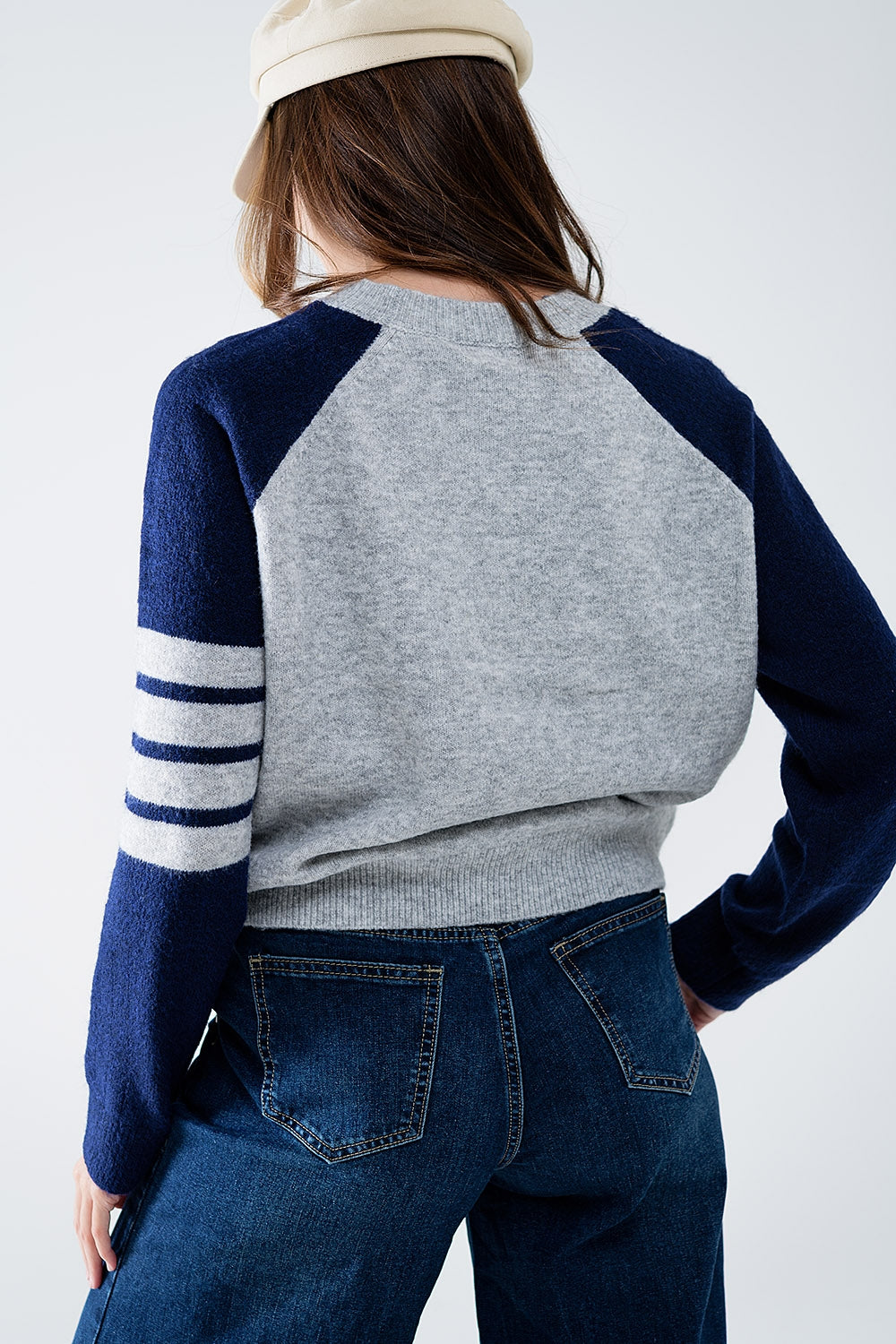 Bi-Color Raglan Sleeve pullover in Navy and Grey