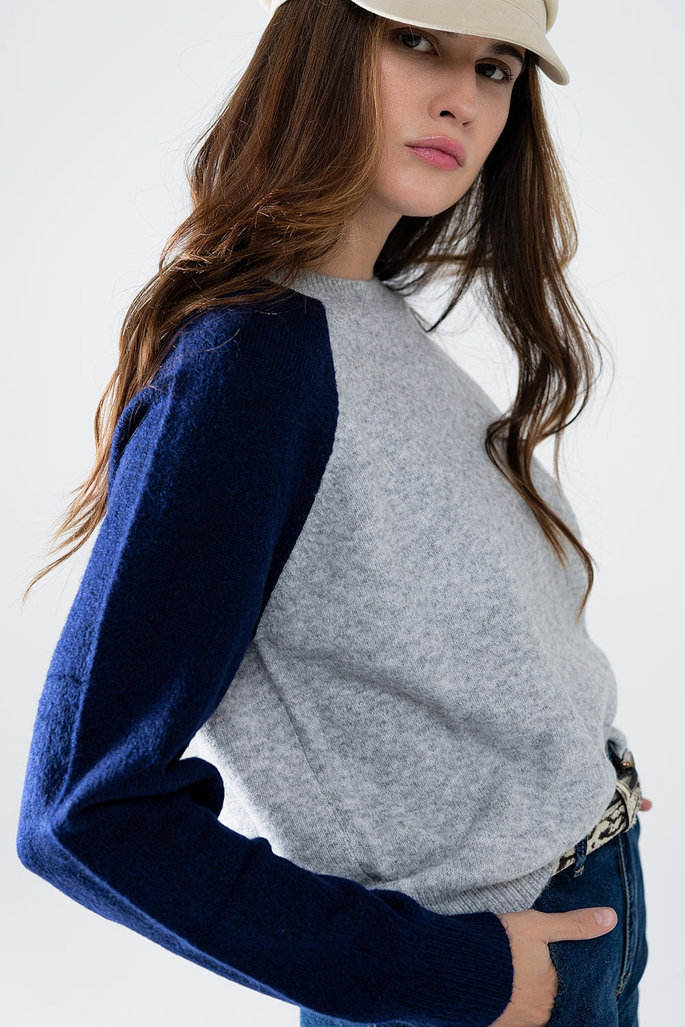 Bi-Color Raglan Sleeve pullover in Navy and Grey