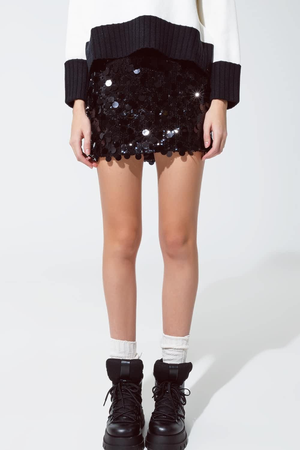 Big Sequin Mini Skirt in Black Q2 Skirts BoutiqueLua