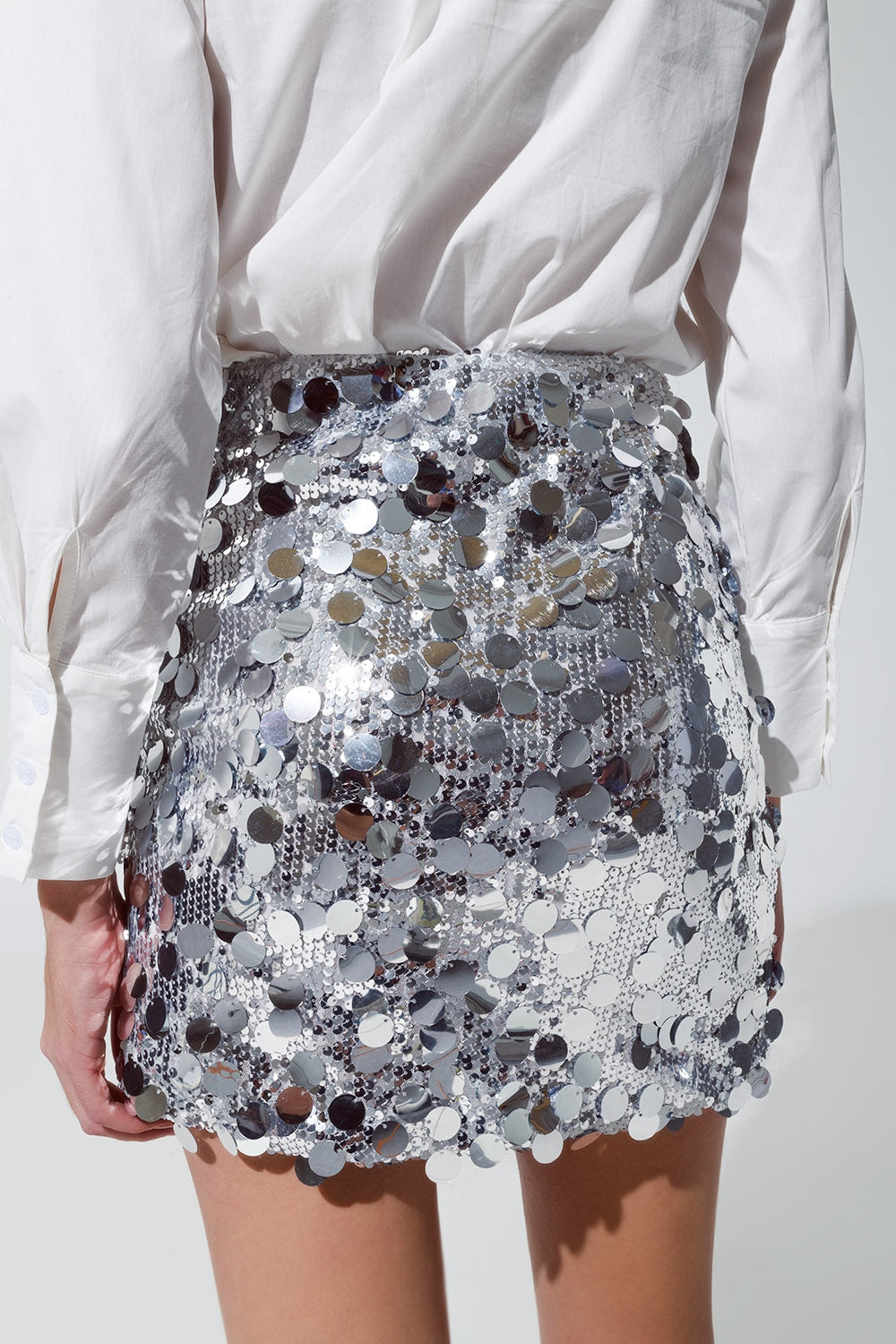 Big Sequin Mini Skirt in Silver Q2 Skirts BoutiqueLua