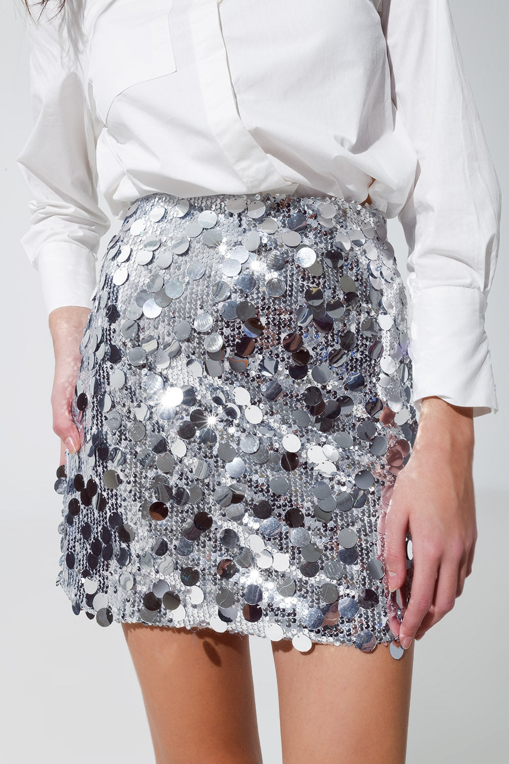 Big Sequin Mini Skirt in Silver Q2 Skirts BoutiqueLua