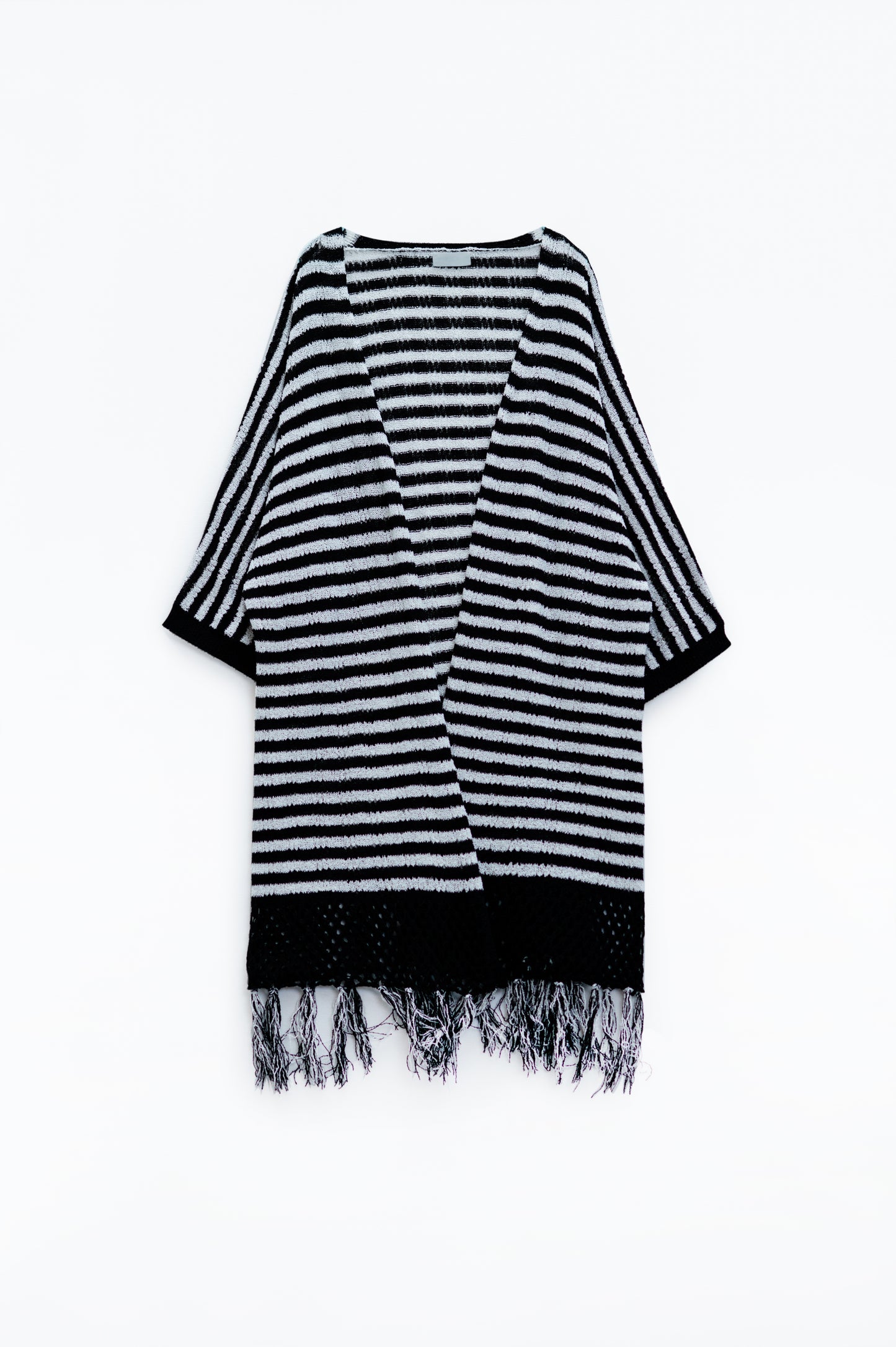 Q2 Black Boho Style Cardigan With Stripes Pointelle Knit and Fringe Details