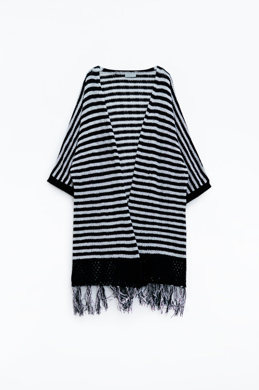 Q2 Black Boho Style Cardigan With Stripes Pointelle Knit and Fringe Details