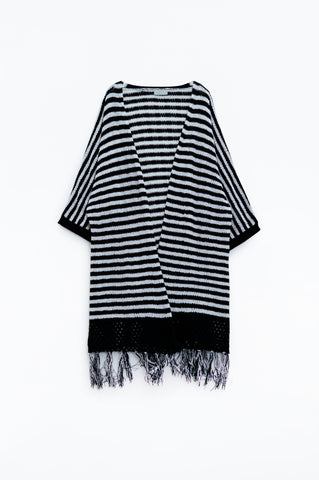 Black Boho Style Cardigan With Stripes Pointelle Knit and Fringe Details