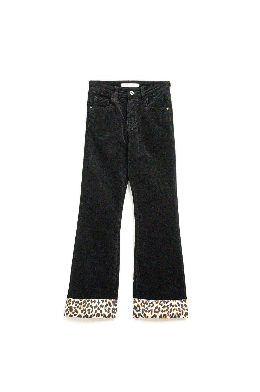 Q2 Black corduroy flare pants with leopard print at the bottom