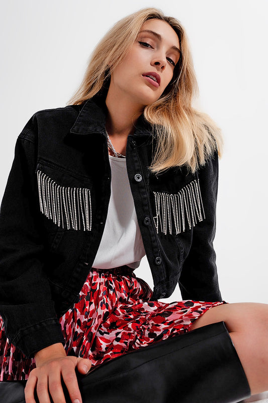 Black denim jacket with strass fringing Q2 Coats and Jackets BoutiqueLua