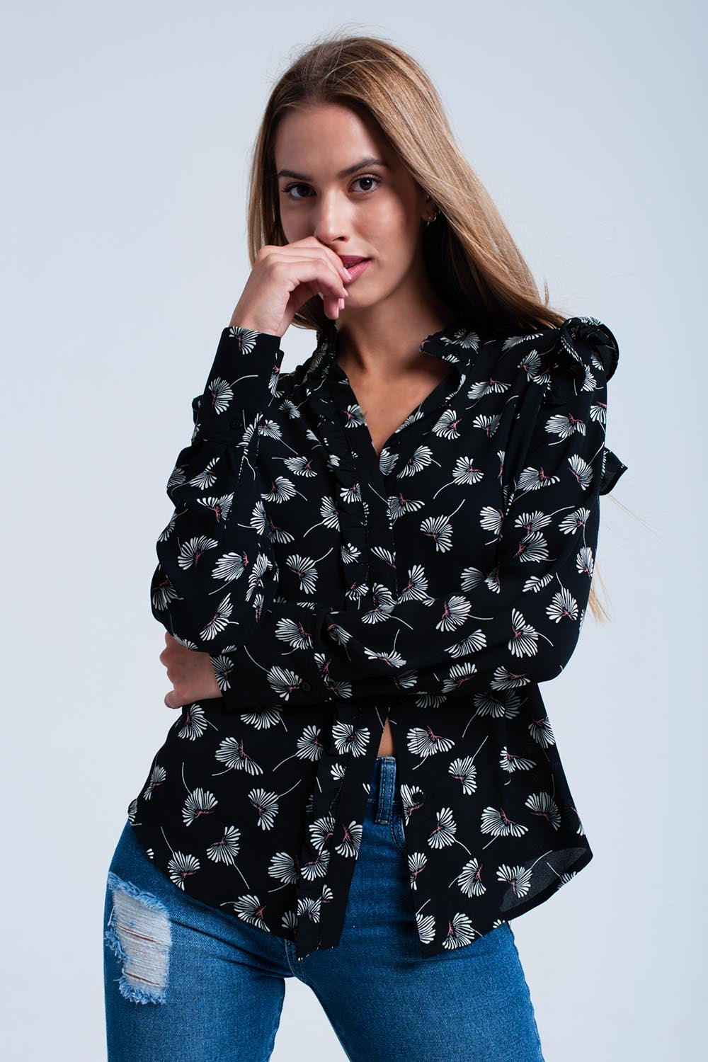 Black floral printed shirt Q2 Shirts BoutiqueLua