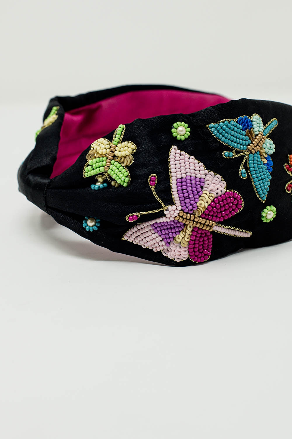 Black Headband With Embroidered Butterflies and Flowers Q2 Headbands BoutiqueLua