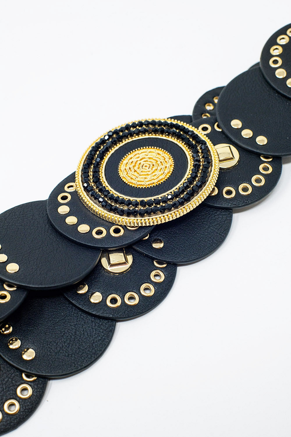 Black leather belt with black rhinestone round buckle and golden details Q2 Accessories BoutiqueLua