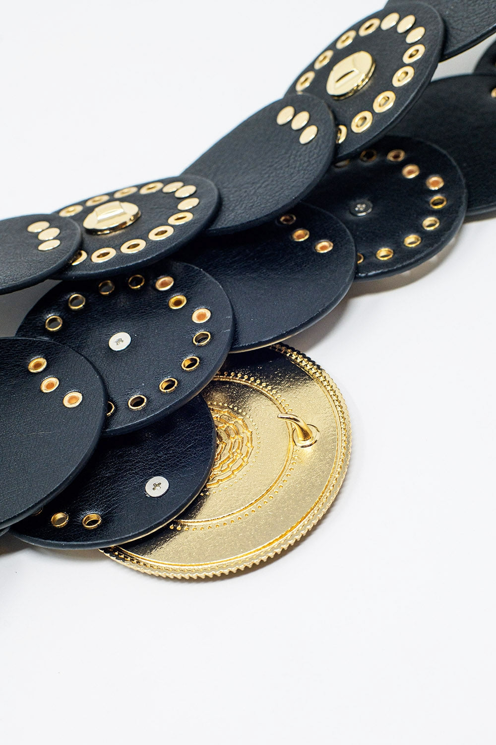 Black leather belt with black rhinestone round buckle and golden details Q2 Accessories BoutiqueLua