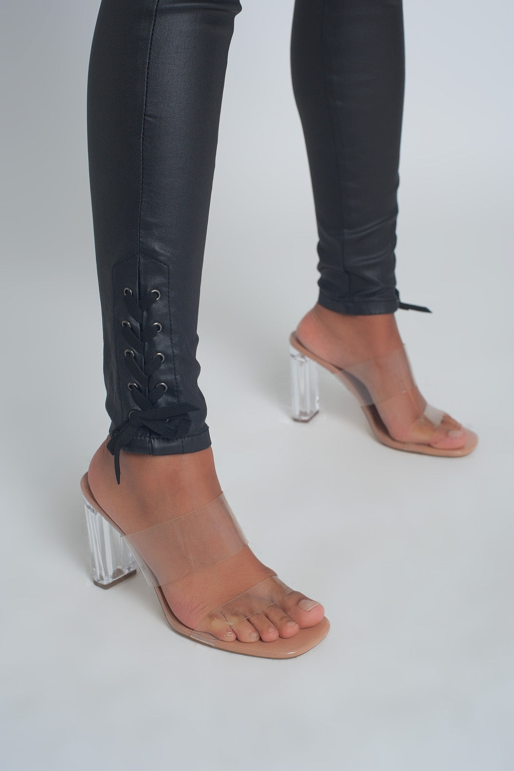 Black leather effect trousers with hem lace-up Q2 Pants BoutiqueLua