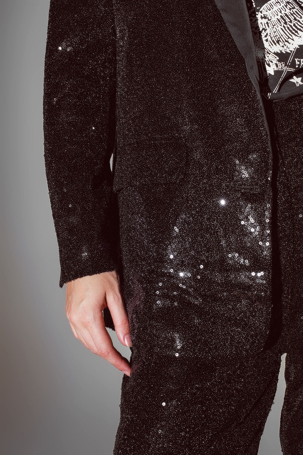 Black Sequin tuxedo Blazer with Satin Lapels Q2 Coats and Jackets BoutiqueLua