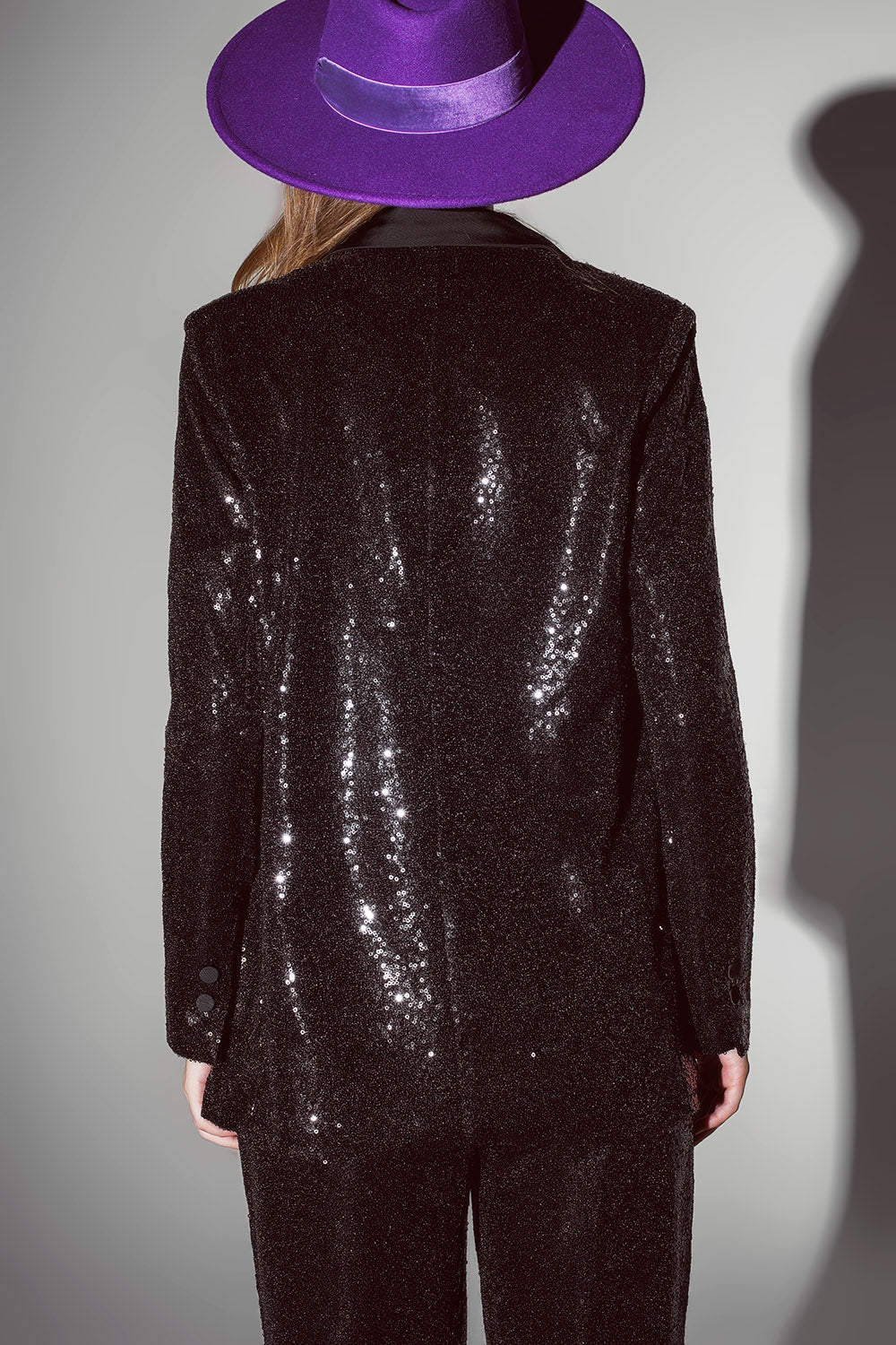 Black Sequin tuxedo Blazer with Satin Lapels Q2 Coats and Jackets BoutiqueLua