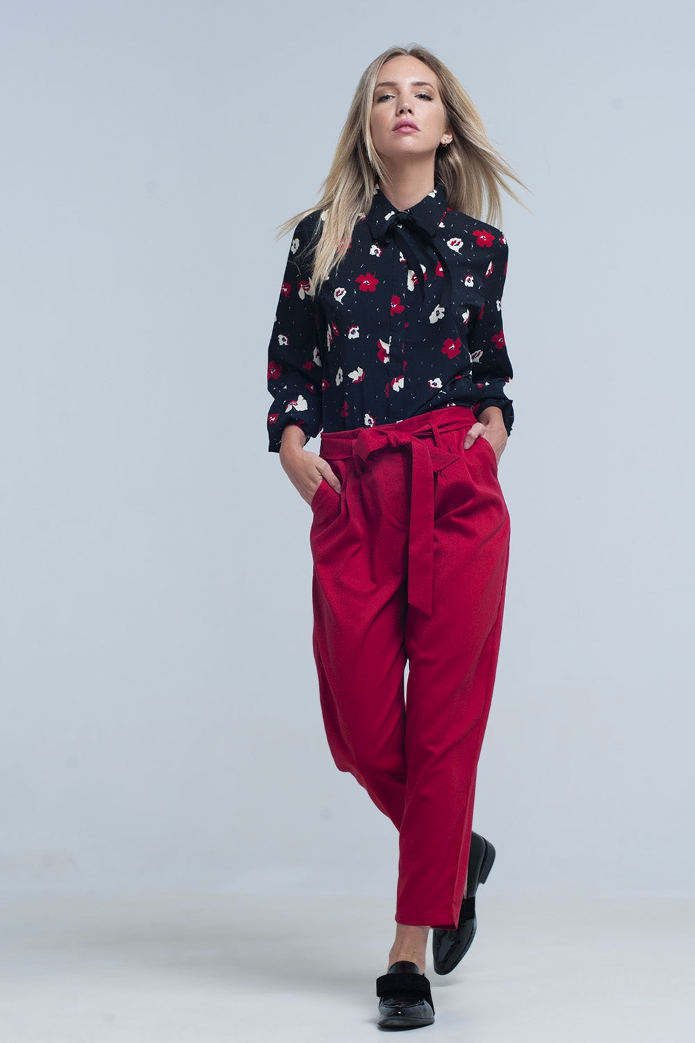 Black shirt with red and white flowers Q2 Shirts BoutiqueLua