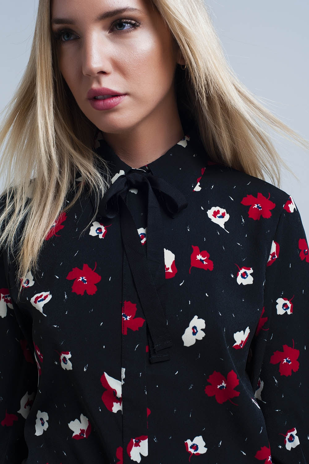 Black shirt with red and white flowers Q2 Shirts BoutiqueLua