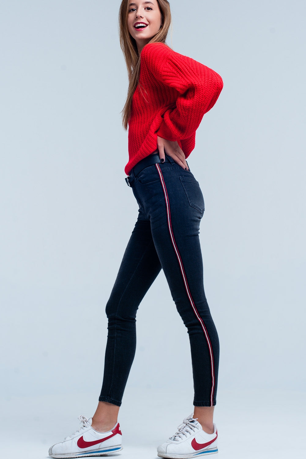 Black Skinny Jeans with Red Side Stripe Q2 Jeans BoutiqueLua