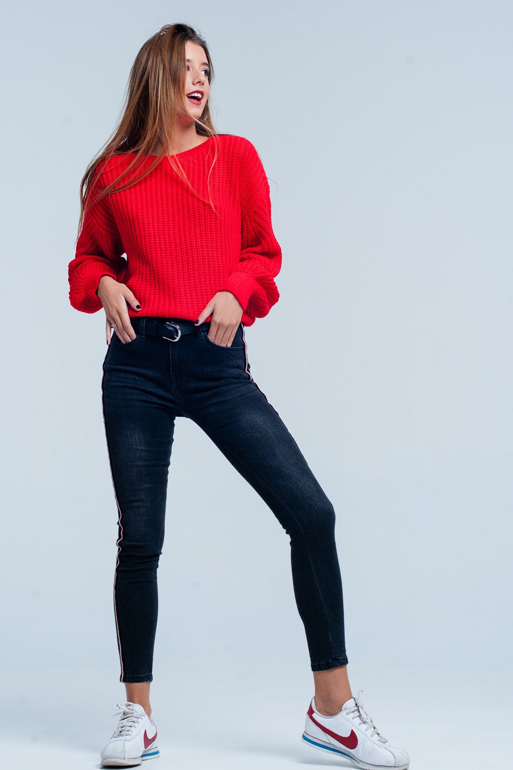 Black Skinny Jeans with Red Side Stripe Q2 Jeans BoutiqueLua